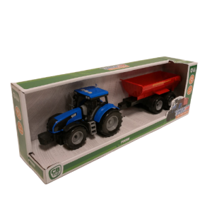Tractor azul con remolque de gran capacidad rojo, luces y sonidos