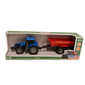 Tractor azul con remolque de gran capacidad rojo, luces y sonidos