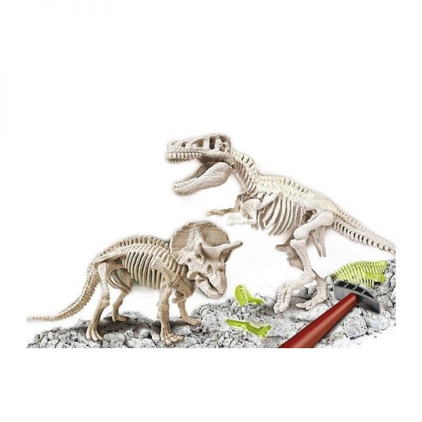 Arqueojugando de clementoni, T-Rex y triceratops dos en uno, brillan en la oscuridad