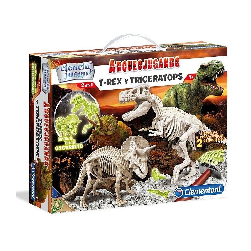 Arqueojugando de clementoni, T-Rex y triceratops dos en uno, brillan en la oscuridad