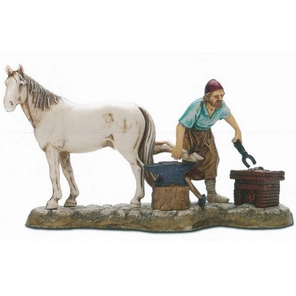 Navidad Belén, Grupo herrero con caballo 10 cm de moranduzzo